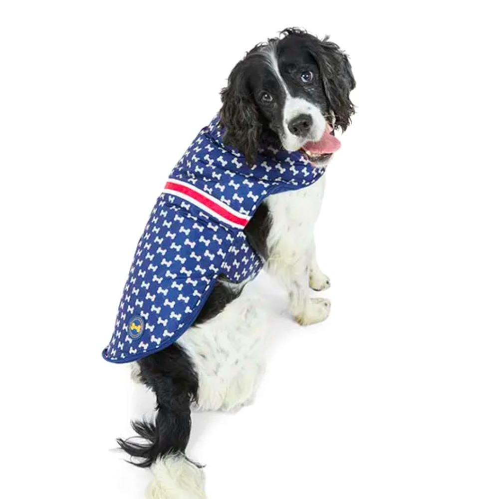 NWT! Simply Wag All Day Bone Print Quilted Dog Jacket Blue. Size L